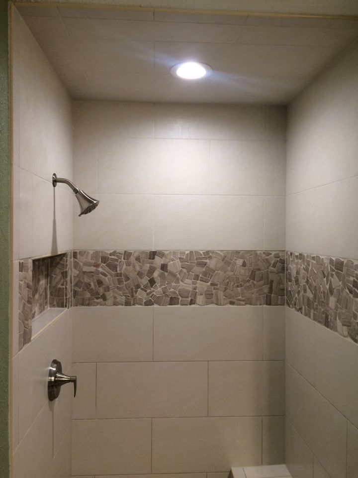 Linen Rectangle Tile Shower with Stone Accent • N Koehn Tile • El Campo, TX